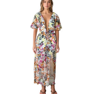 Live 4 Truth Maxi Dress M Multi Plunging Neck Drawstring Maximalist Resort NWOT